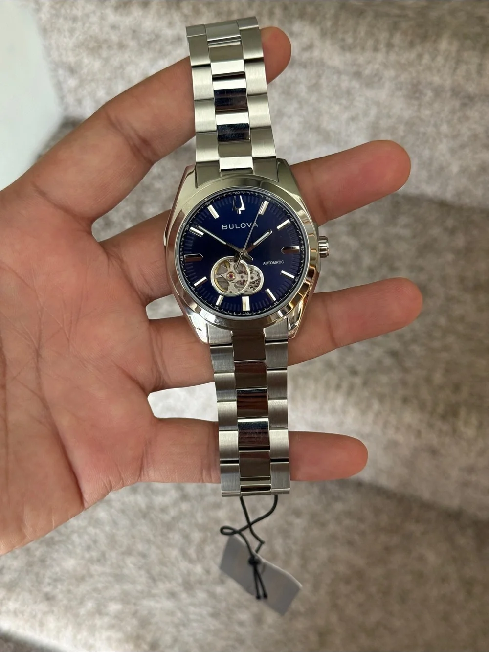 Bulova Silver Stainless Steel automatic men’s Watch with Blue Open-Heart Dial